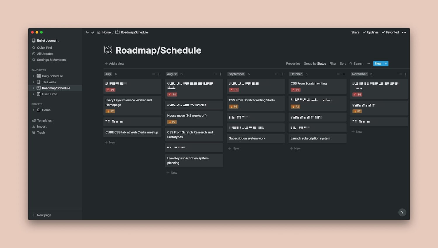 My roadmap in Notion which is like a kanban for the whole year